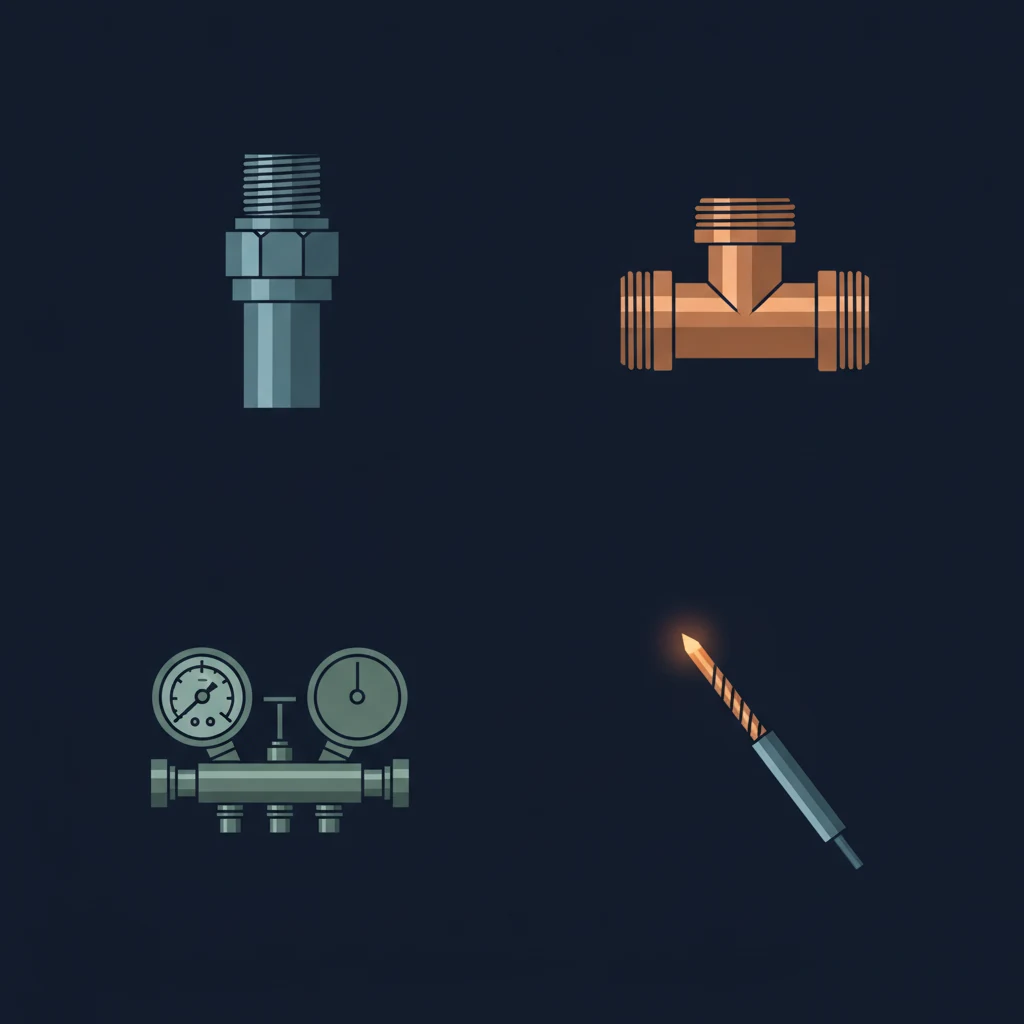 Four trade craft objects — electrical conduit fitting, copper pipe T-junction, HVAC manifold gauge, and welding electrode — representing the ranked trade options for career changers at 35