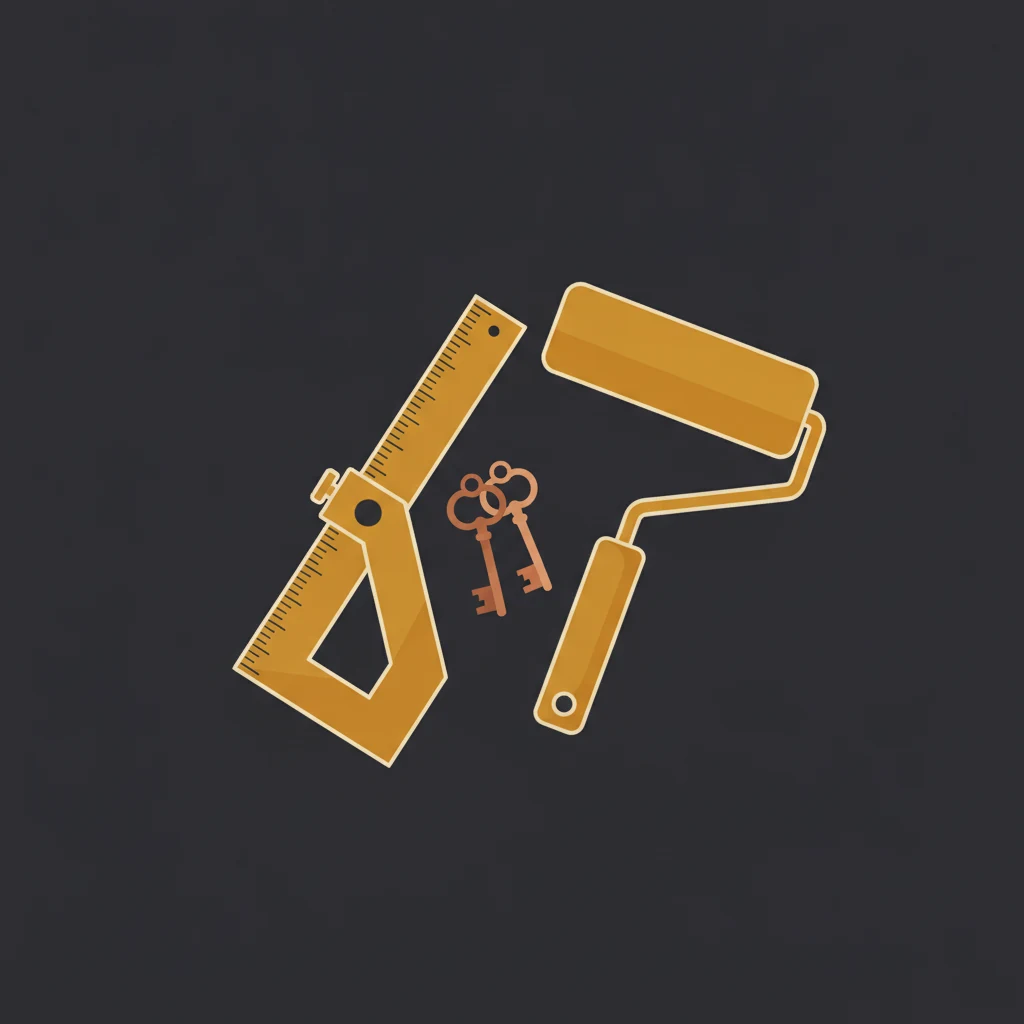 Carpenter's combination square, paint roller, and vintage keys arranged as an editorial still life representing trades with the highest independent business ownership rates
